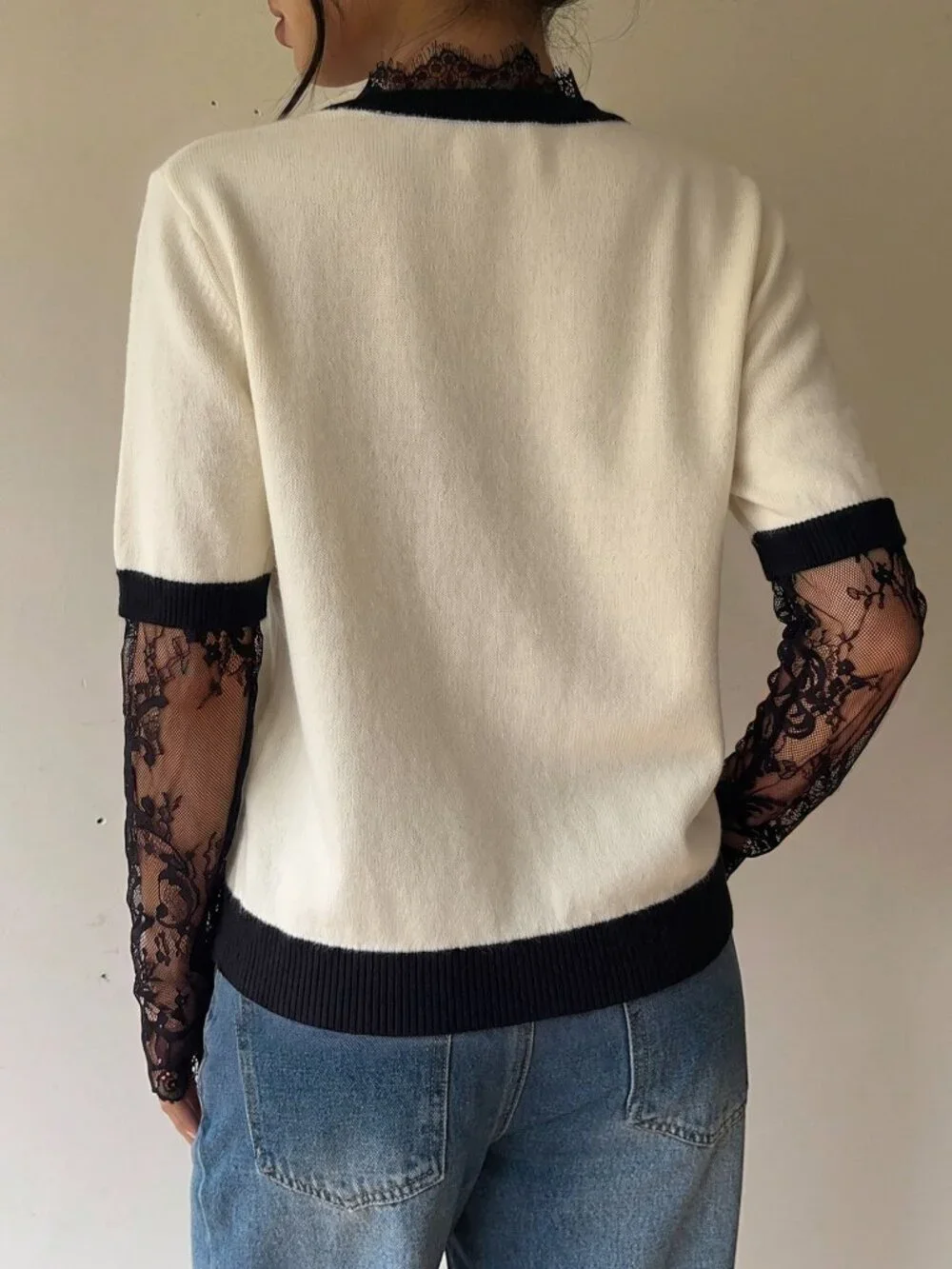 Apricot Casual Women's Contrast Lace Ruffle Drop Sleeve Round Neck Sweater